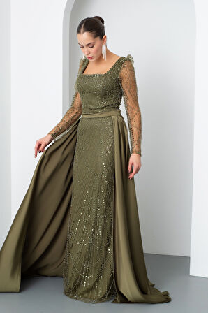 Kadın Haki Uzun Kol Taşlı Saten Kuyruk Aksesuarlı Abiye