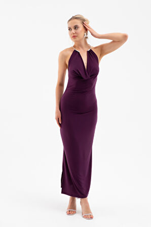 Kadın Mürdüm Aksesuar Detay Dekolteli Uzun Elbise