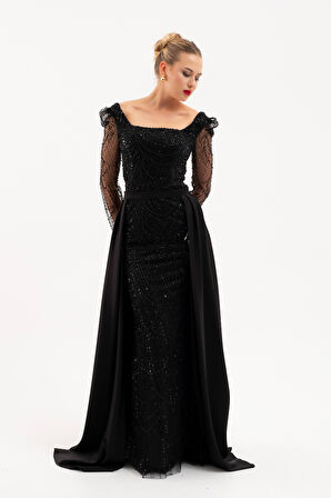 Kadın Siyah Uzun Kol Taşlı Saten Kuyruk Aksesuarlı Abiye