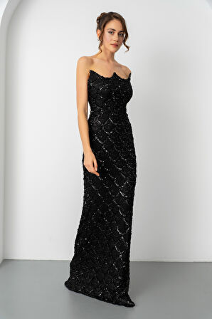 Kadın Siyah Straplez Boncuk İşlemeli Uzun Abiye Elbise