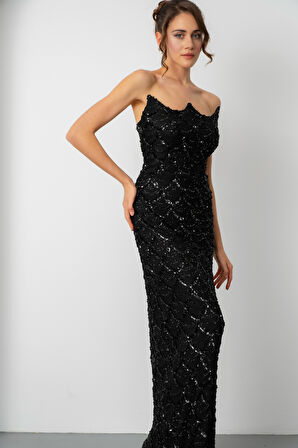 Kadın Siyah Straplez Boncuk İşlemeli Uzun Abiye Elbise