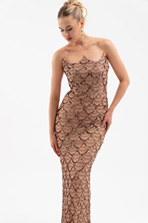 Kadın Kahverengi Straplez Boncuk İşlemeli Uzun Abiye Elbise