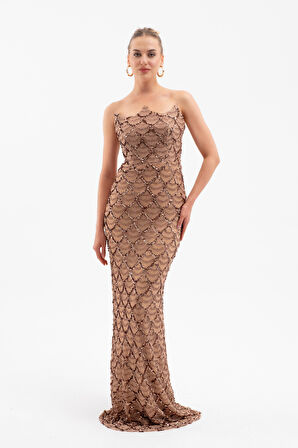 Kadın Kahverengi Straplez Boncuk İşlemeli Uzun Abiye Elbise