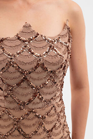 Kadın Kahverengi Straplez Boncuk İşlemeli Uzun Abiye Elbise