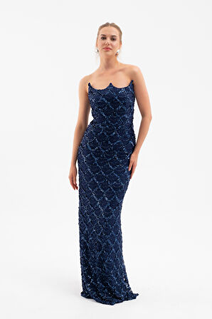 Kadın Lacivert Straplez Boncuk İşlemeli Uzun Abiye Elbise