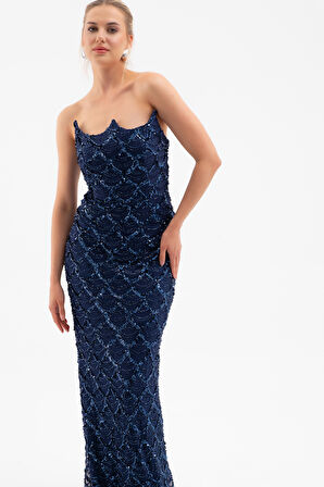 Kadın Lacivert Straplez Boncuk İşlemeli Uzun Abiye Elbise