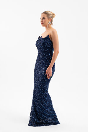 Kadın Lacivert Straplez Boncuk İşlemeli Uzun Abiye Elbise