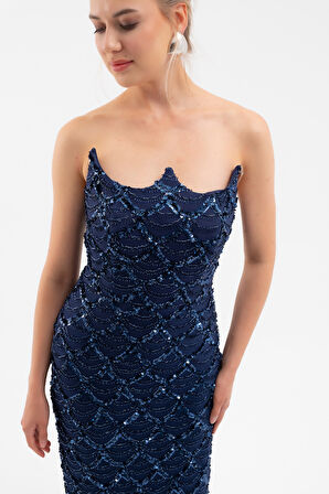 Kadın Lacivert Straplez Boncuk İşlemeli Uzun Abiye Elbise