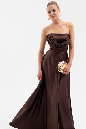 Kadın Kahverengi Degaje Yaka Uzun Straplez Abiye