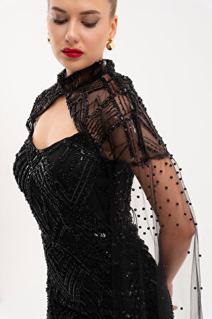 Kadın Siyah Şal Detay Boncuklu Uzun Abiye Elbise