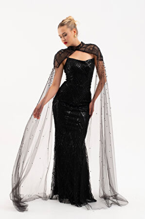 Kadın Siyah Şal Detay Boncuklu Uzun Abiye Elbise