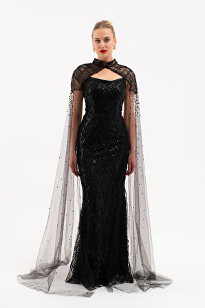 Kadın Siyah Şal Detay Boncuklu Uzun Abiye Elbise