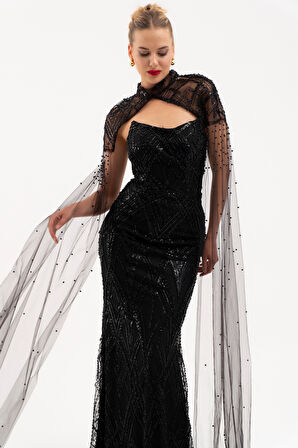 Kadın Siyah Şal Detay Boncuklu Uzun Abiye Elbise