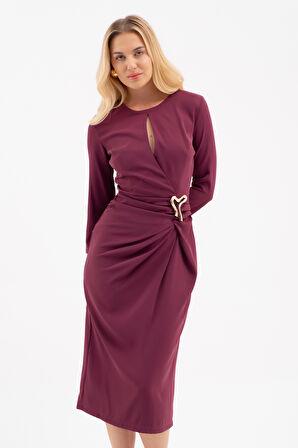 Kadın Mürdüm Aksesuar Detay Midi Elbise