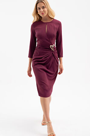 Kadın Mürdüm Aksesuar Detay Midi Elbise