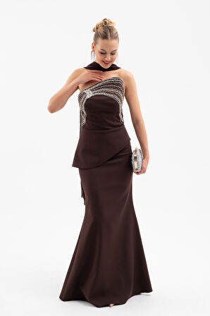 Kadın Kahverengi Straplez Taşlı Uzun Balık Abiye Elbise