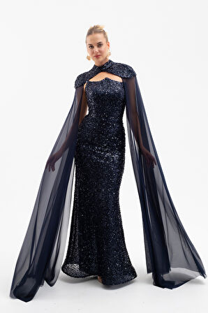 Kadın Lacivert Tül Pelerinli Straplez Uzun Pullu Abiye Elbise