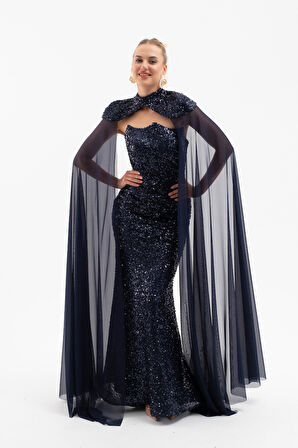 Kadın Lacivert Tül Pelerinli Straplez Uzun Pullu Abiye Elbise