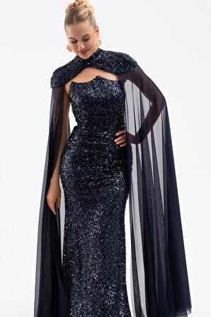 Kadın Lacivert Tül Pelerinli Straplez Uzun Pullu Abiye Elbise