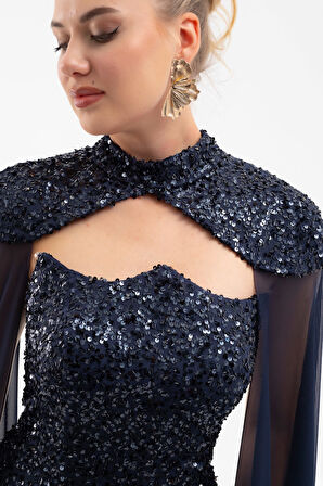 Kadın Lacivert Tül Pelerinli Straplez Uzun Pullu Abiye Elbise