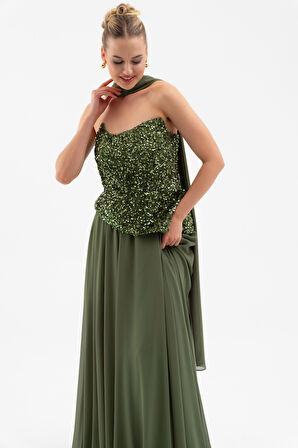 Kadın Haki Straplez Pul Payet Piliseli Uzun Abiye Elbise