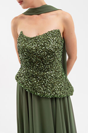 Kadın Haki Straplez Pul Payet Piliseli Uzun Abiye Elbise