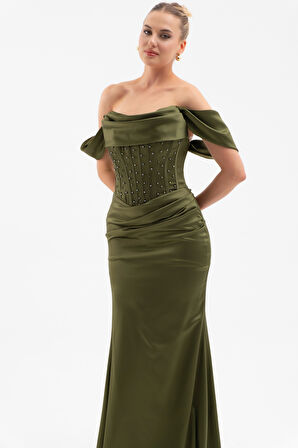 Kadın Haki Kayık Yaka Boncuklu Uzun Saten Abiye Elbise