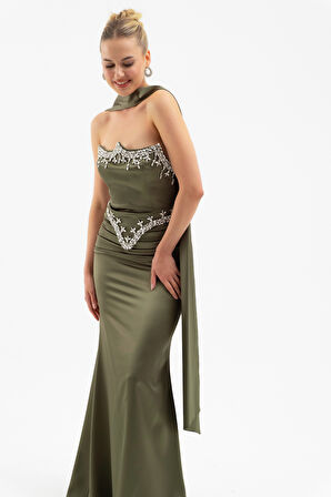Kadın Haki Straplez Taşlı Uzun Saten Abiye Elbise