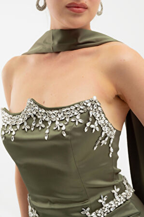Kadın Haki Straplez Taşlı Uzun Saten Abiye Elbise