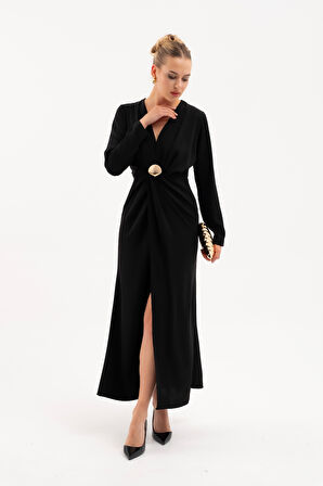 Kadın Siyah İstiridye Aksesuarlı Uzun Kol Elbise
