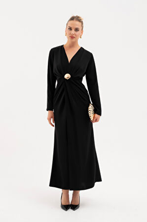 Kadın Siyah İstiridye Aksesuarlı Uzun Kol Elbise