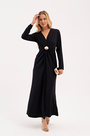 Kadın Siyah İstiridye Aksesuarlı Uzun Kol Elbise