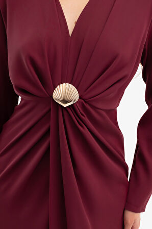 Kadın Bordo İstiridye Aksesuarlı Uzun Kol Elbise