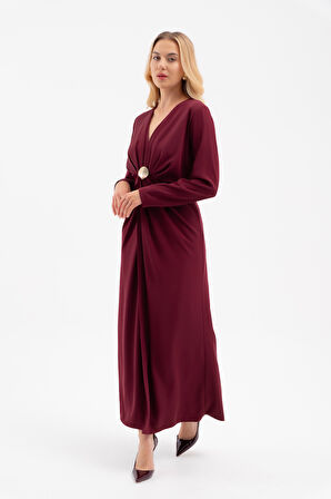 Kadın Bordo İstiridye Aksesuarlı Uzun Kol Elbise