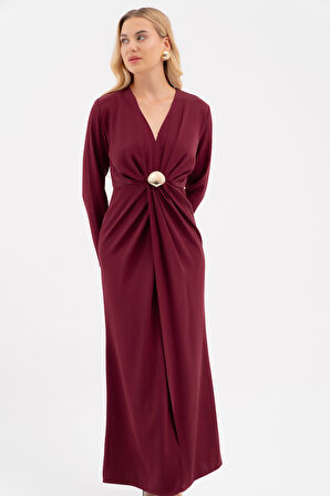 Kadın Bordo İstiridye Aksesuarlı Uzun Kol Elbise