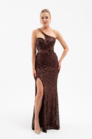Kadın Kahverengi Bel Transparan Yırtmaçlı Payetli Uzun Abiye Elbise