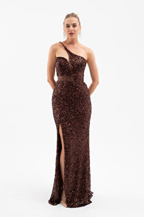 Kadın Kahverengi Bel Transparan Yırtmaçlı Payetli Uzun Abiye Elbise