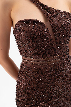 Kadın Kahverengi Bel Transparan Yırtmaçlı Payetli Uzun Abiye Elbise