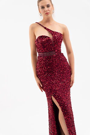 Kadın Bordo Bel Transparan Yırtmaçlı Payetli Uzun Abiye Elbise