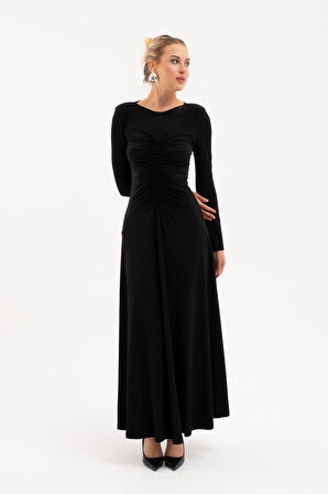 Kadın Siyah V Yaka Büzgülü Uzun Elbise