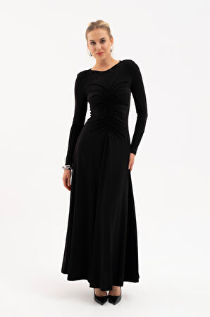 Kadın Siyah V Yaka Büzgülü Uzun Elbise