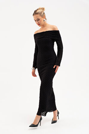 Kadın Siyah Açık Omuz Uzun Dantel Elbise