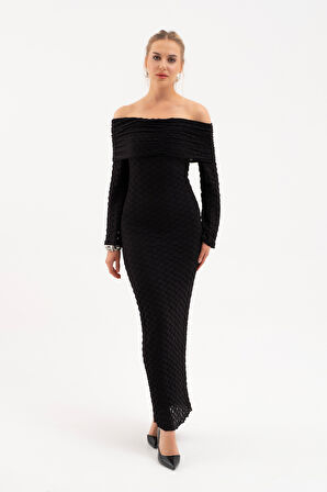 Kadın Siyah Açık Omuz Uzun Dantel Elbise