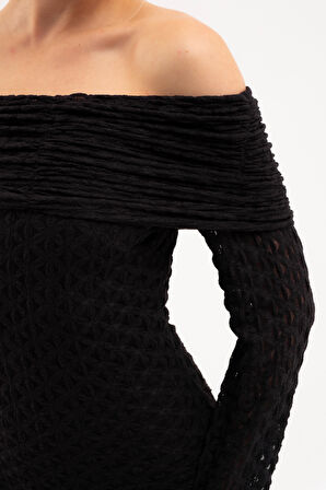 Kadın Siyah Açık Omuz Uzun Dantel Elbise