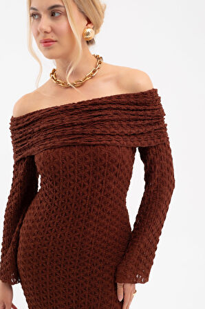 Kadın Kahverengi Açık Omuz Uzun Dantel Elbise