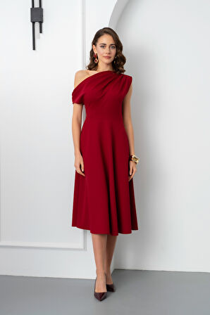 Kadın Bordo Düşük Omuzlu Midi Boy Elbise