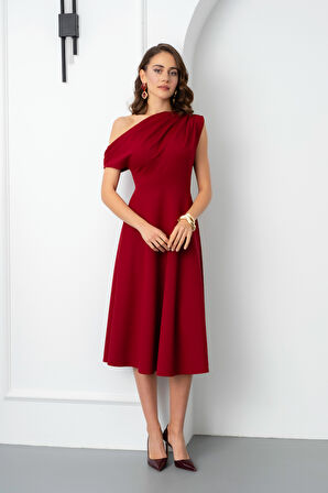 Kadın Bordo Düşük Omuzlu Midi Boy Elbise