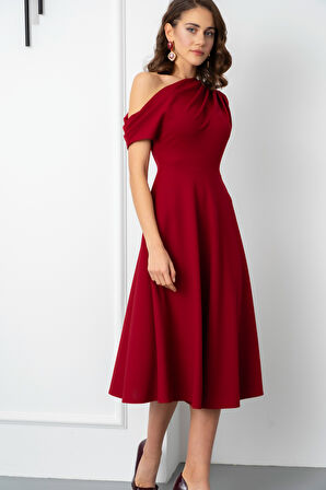 Kadın Bordo Düşük Omuzlu Midi Boy Elbise
