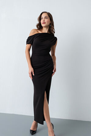 Kadın Siyah Omuz Dekolteli Midi Davet Elbisesi