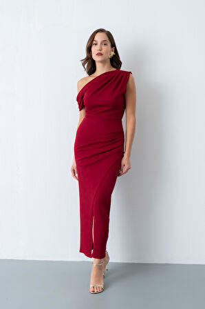 Kadın Bordo Omuz Dekolteli Midi Davet Elbisesi